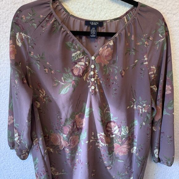 Chaps‎ Purple Mauve Pink Floral Semi-Sheer 3/4 Sleeve Vneck Top Blouse Large - Picture 6 of 10